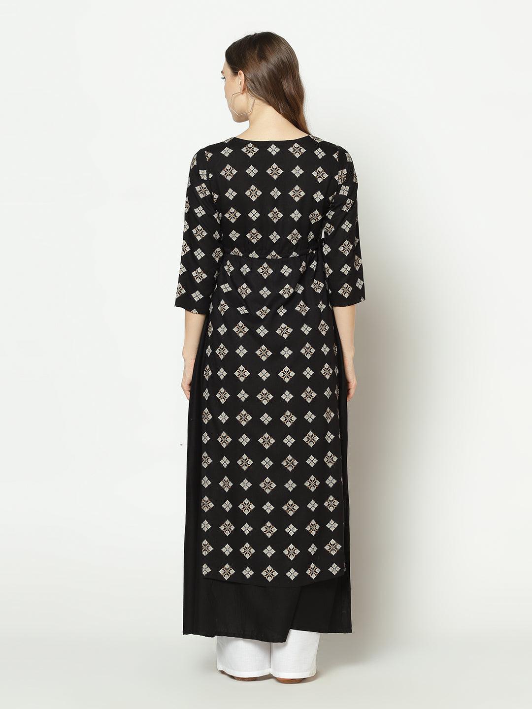 Znx Women Black Geomectrical Printed A-line Kurta - Znxclothing