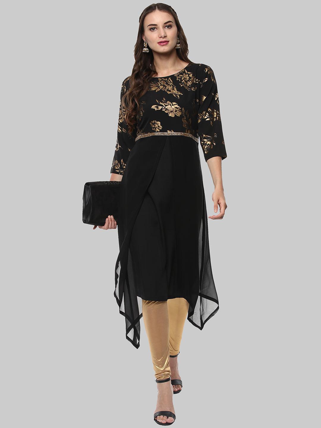 Black Embellished Crepe Asymmetric Kurti - Znxclothing