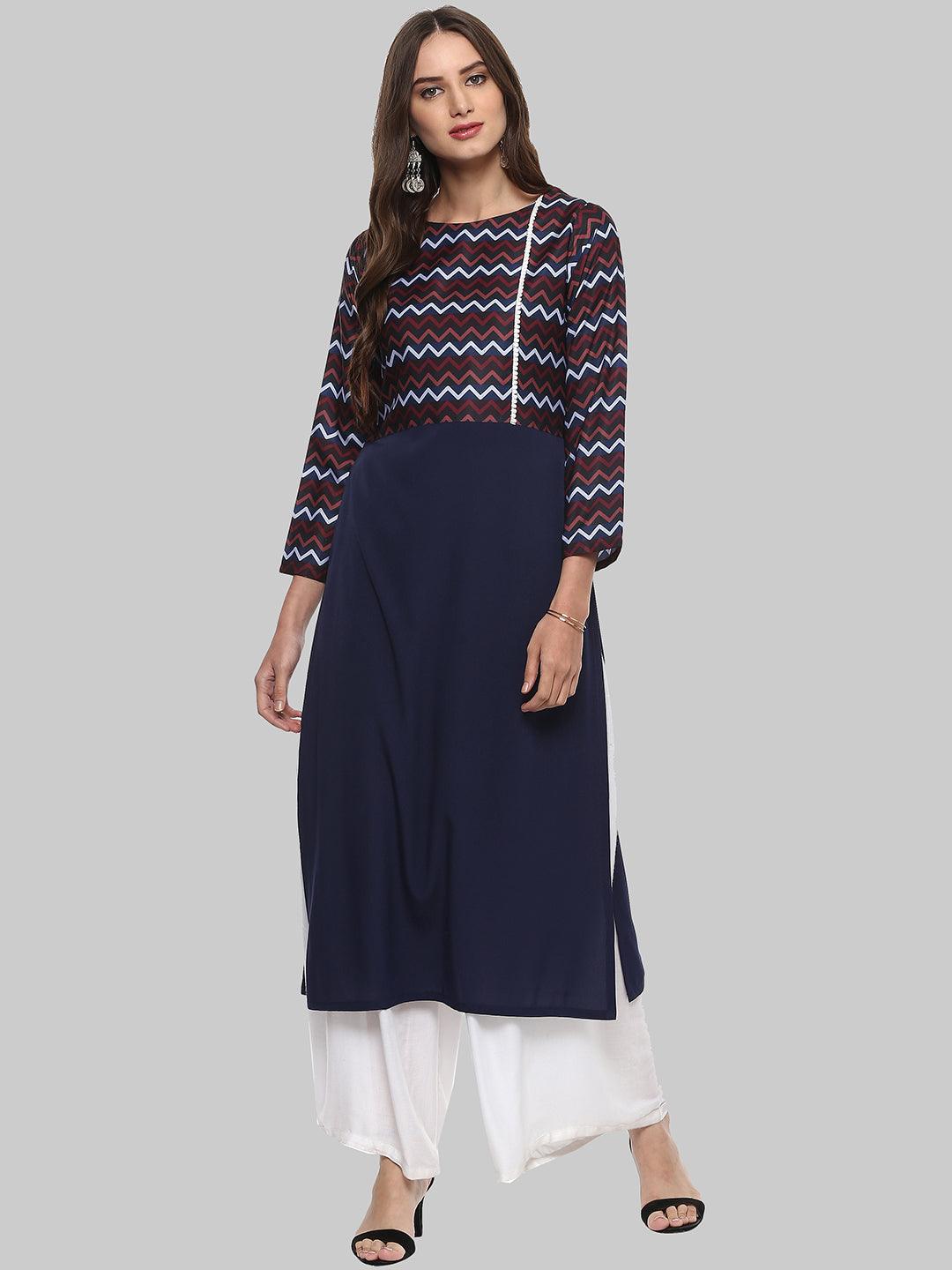 Navy Blue Embellished Crepe Straight Kurti - Znxclothing