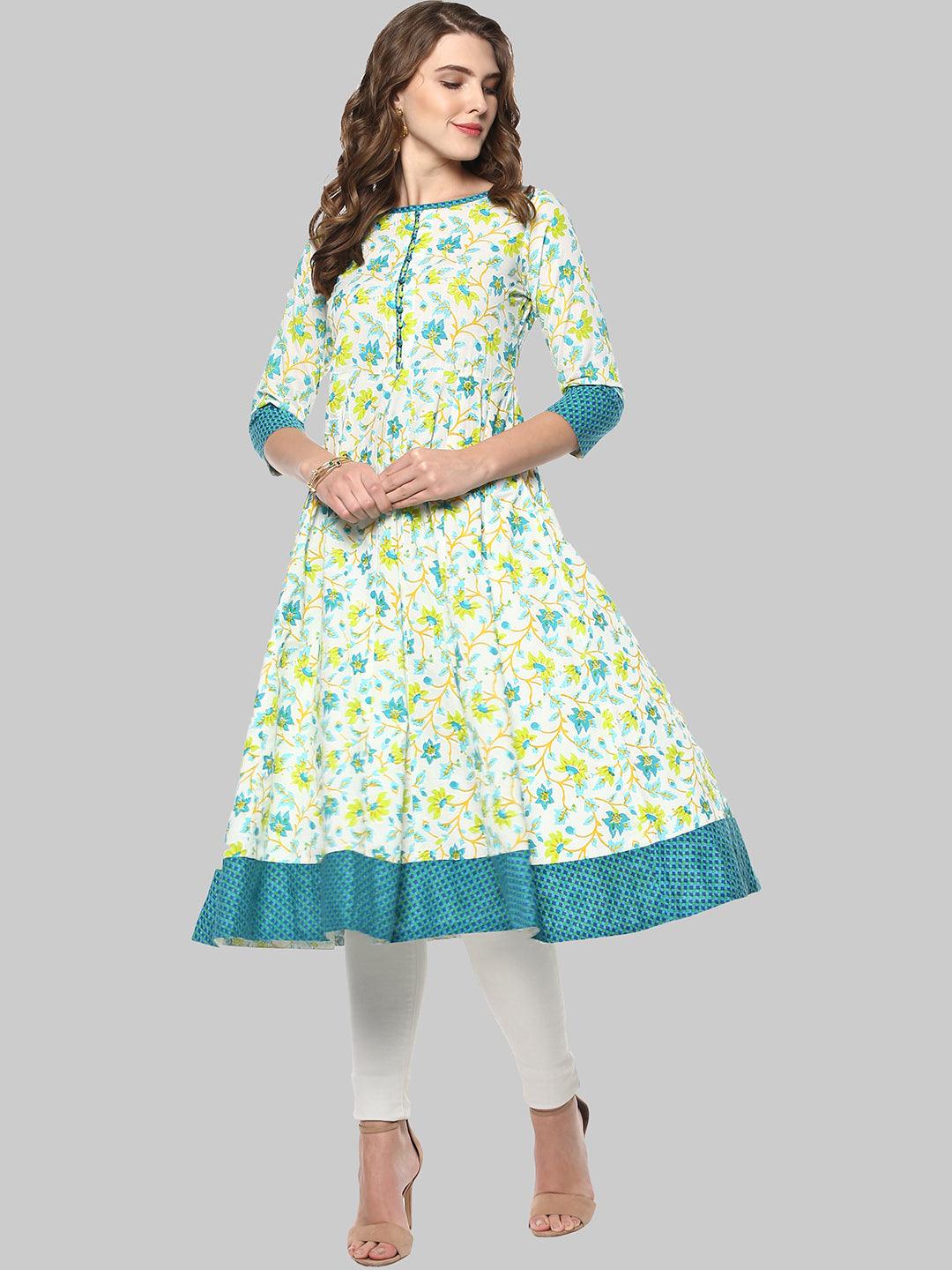 Multicolour Printed Cotton Anarkali Kurti - Znxclothing