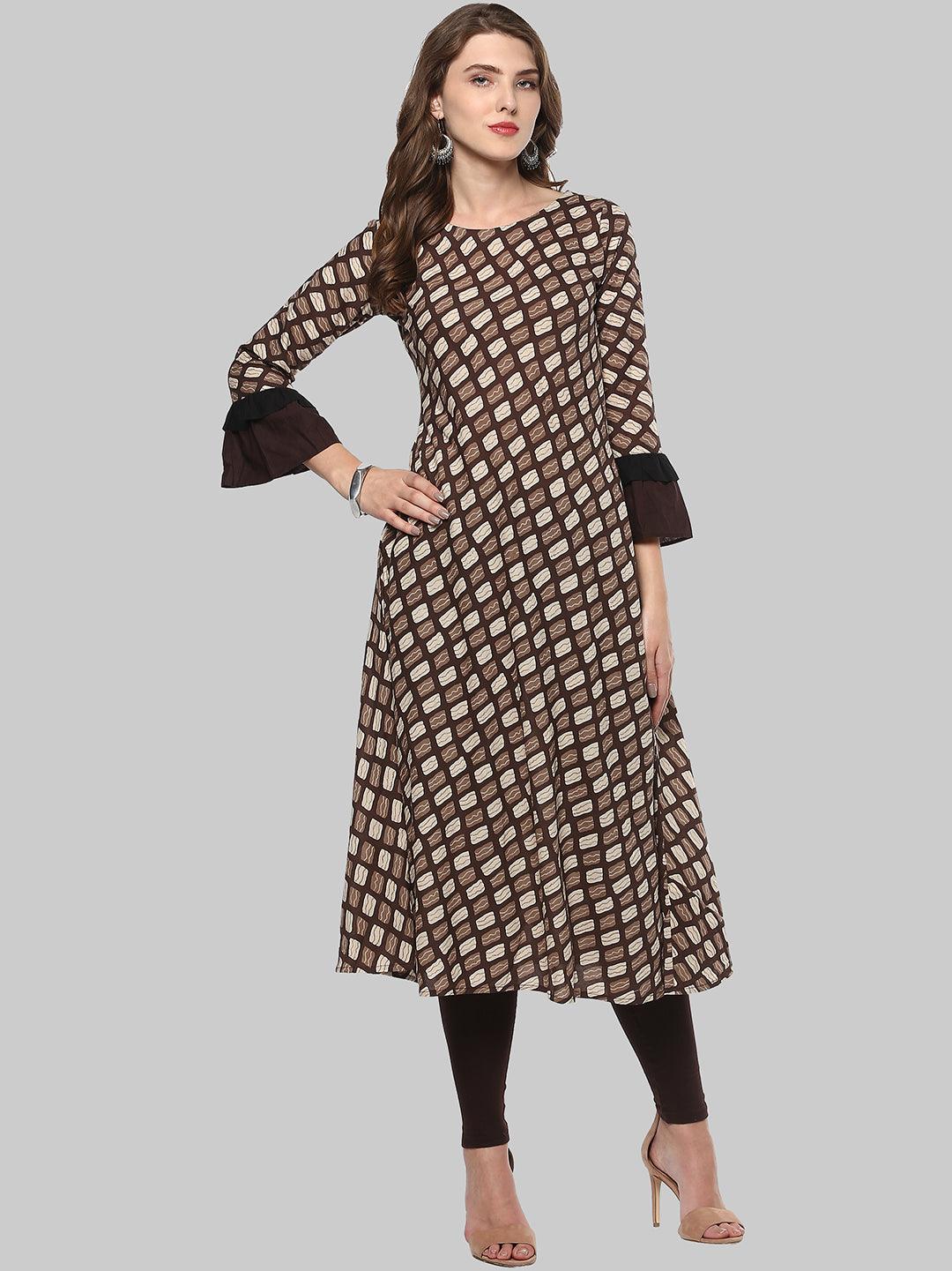 Brown Printed Cotton A-Line Kurti - Znxclothing