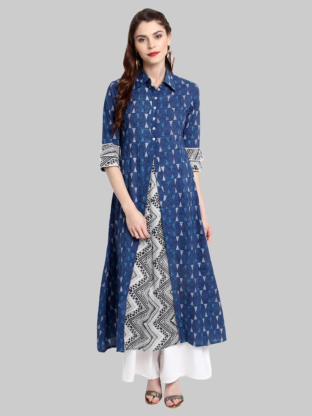 Blue Printed Cotton A-Line & Indo Western Kurti - Znxclothing