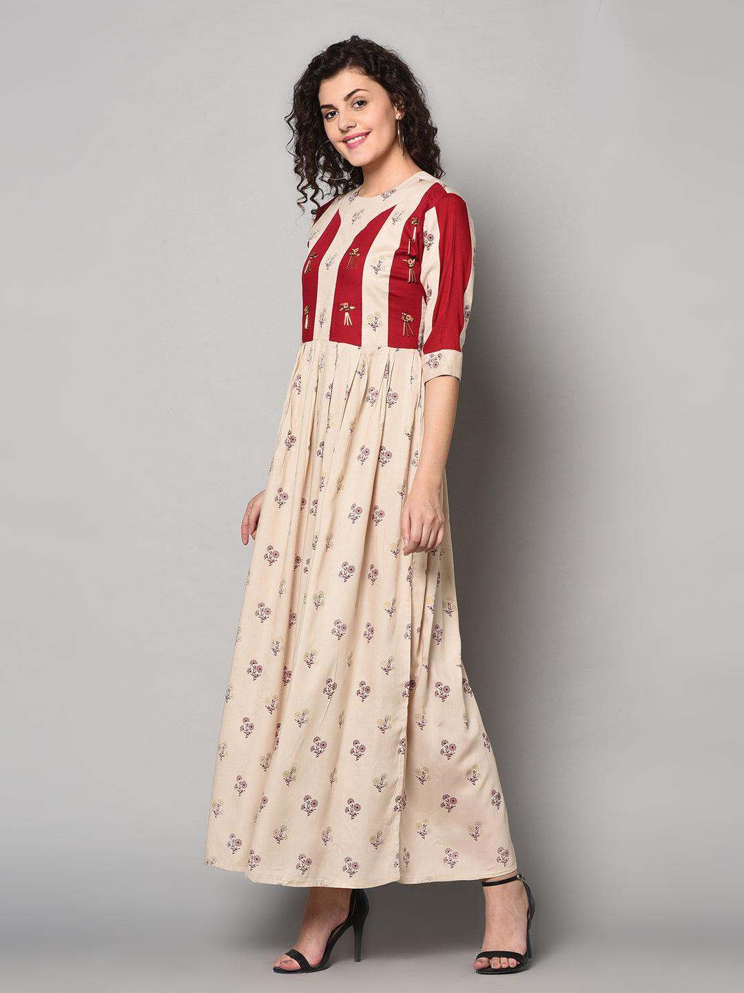 Cream and Red colour designer long Maxi Dress (Fully Stitched) - Znxclothing
