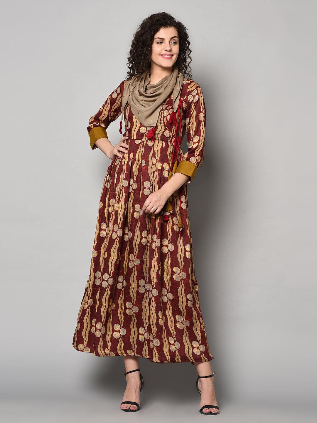 Red and Light yellow printed Anarkali Dress with scarf (Fully Stitched) - Znxclothing