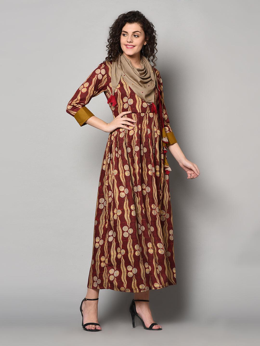 Red and Light yellow printed Anarkali Dress with scarf (Fully Stitched) - Znxclothing