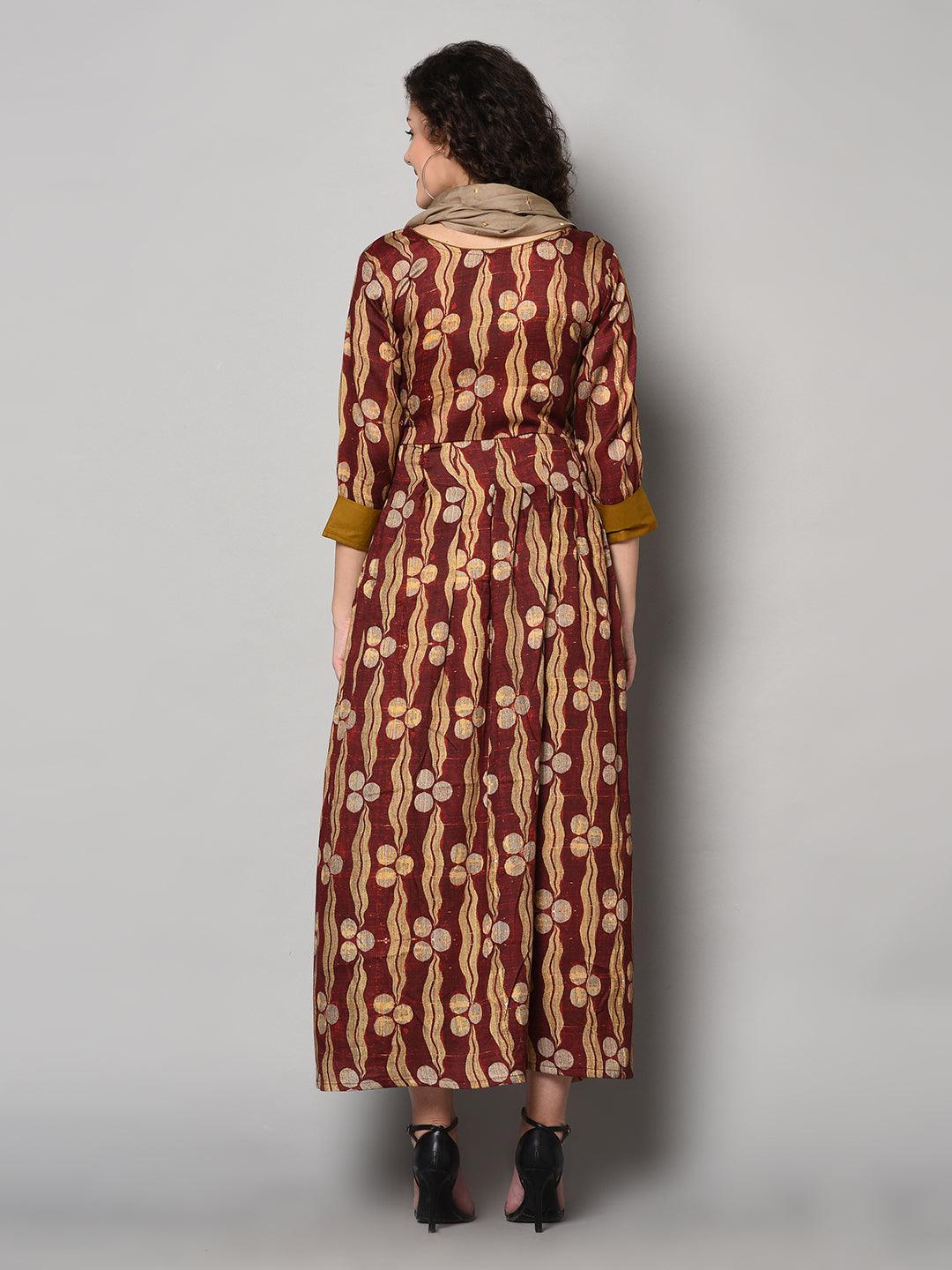 Red and Light yellow printed Anarkali Dress with scarf (Fully Stitched) - Znxclothing