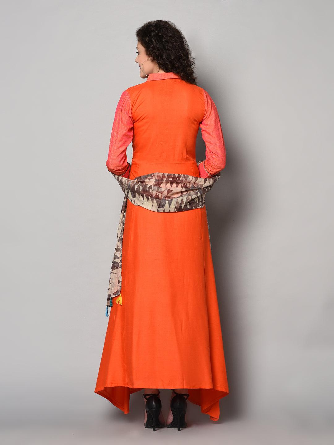 Orange long Anarkali designer dress with dupatta (Fully Stitched) - Znxclothing
