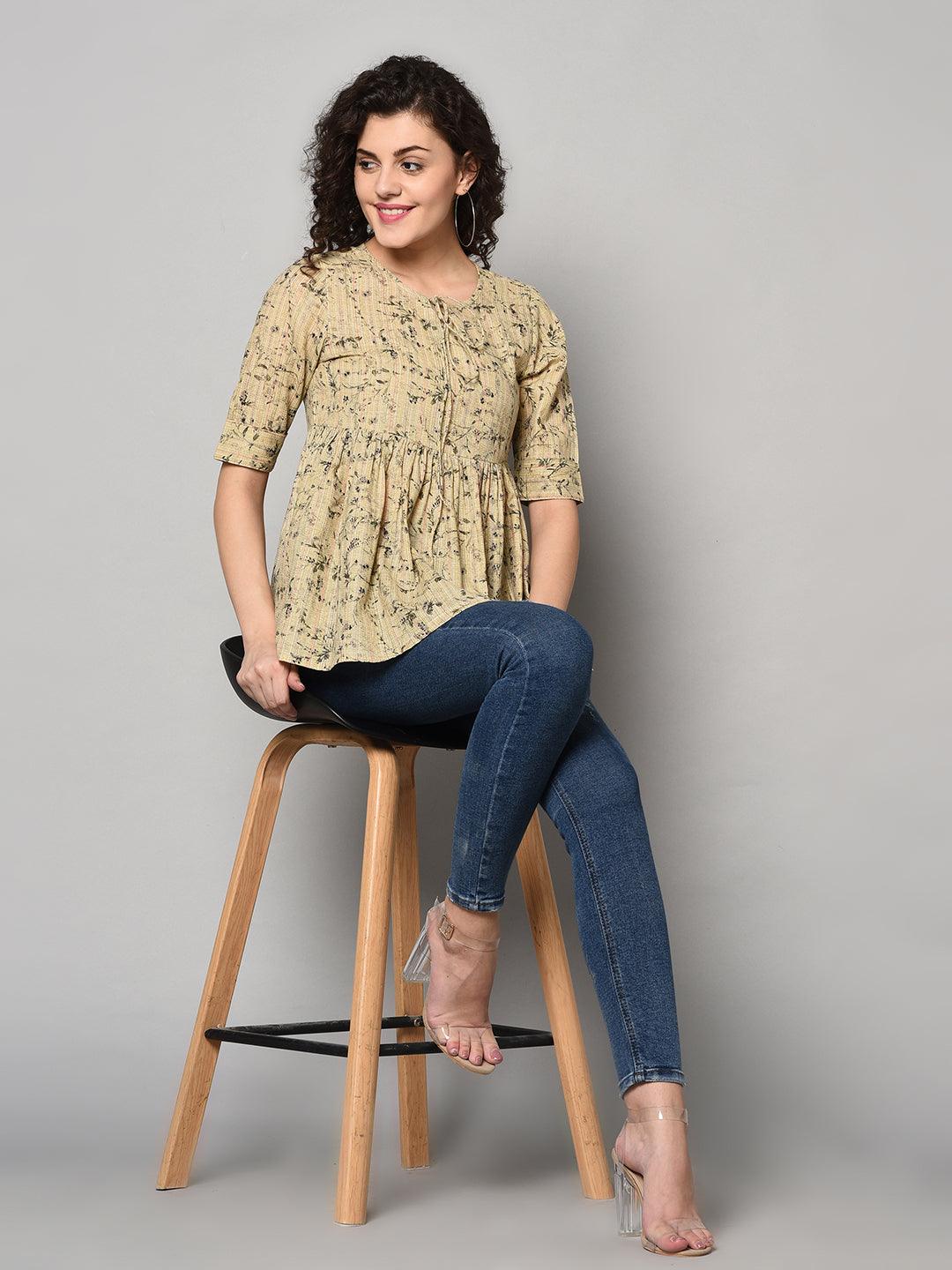 ZNX Women Beige Printed Tunic (Fully Stitched) - Znxclothing