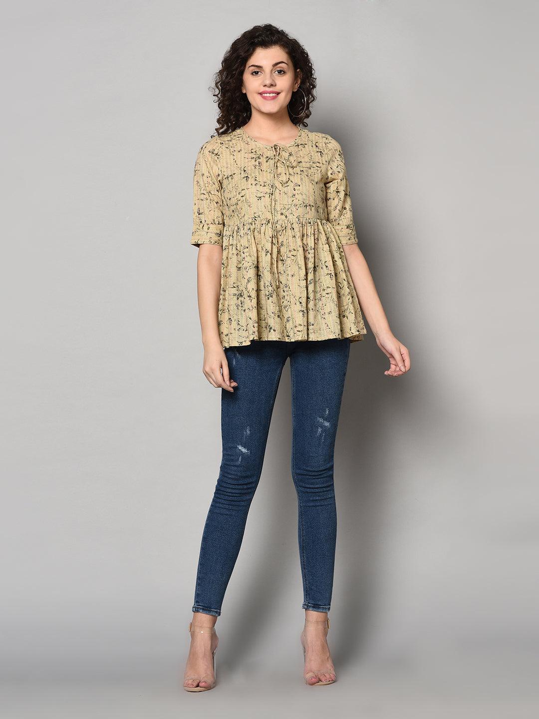 ZNX Women Beige Printed Tunic (Fully Stitched) - Znxclothing