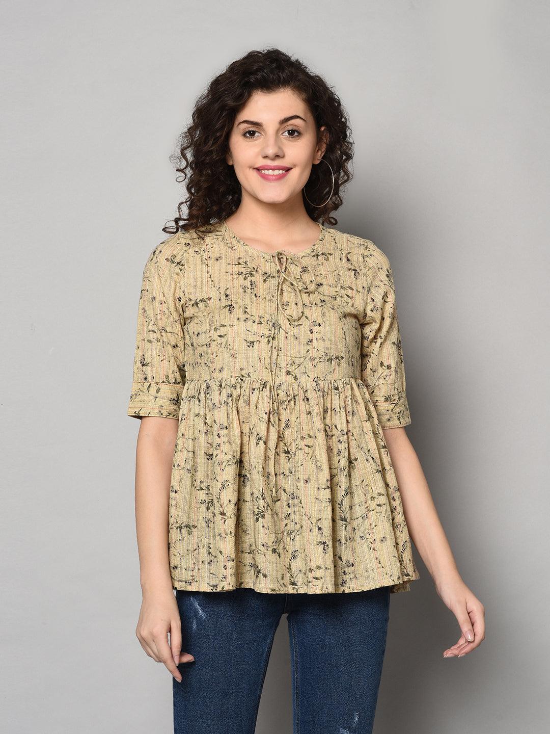 ZNX Women Beige Printed Tunic (Fully Stitched) - Znxclothing