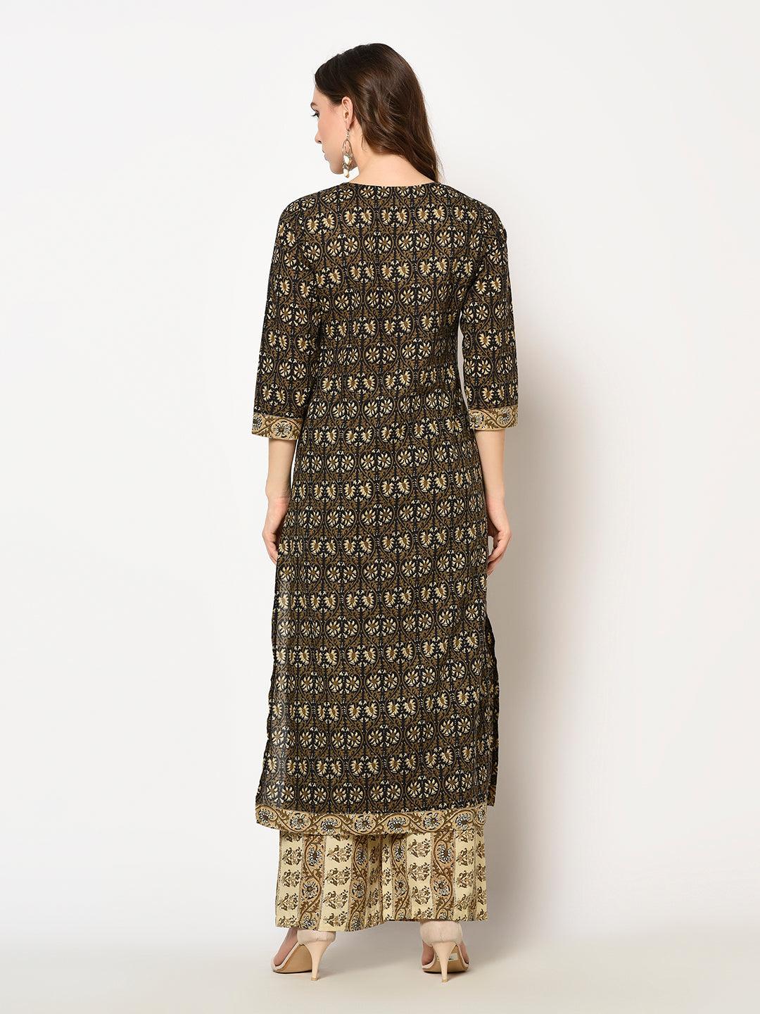 ZNX Women Brown Floral Printed Straight Kurta with Palazzo Set - Znxclothing