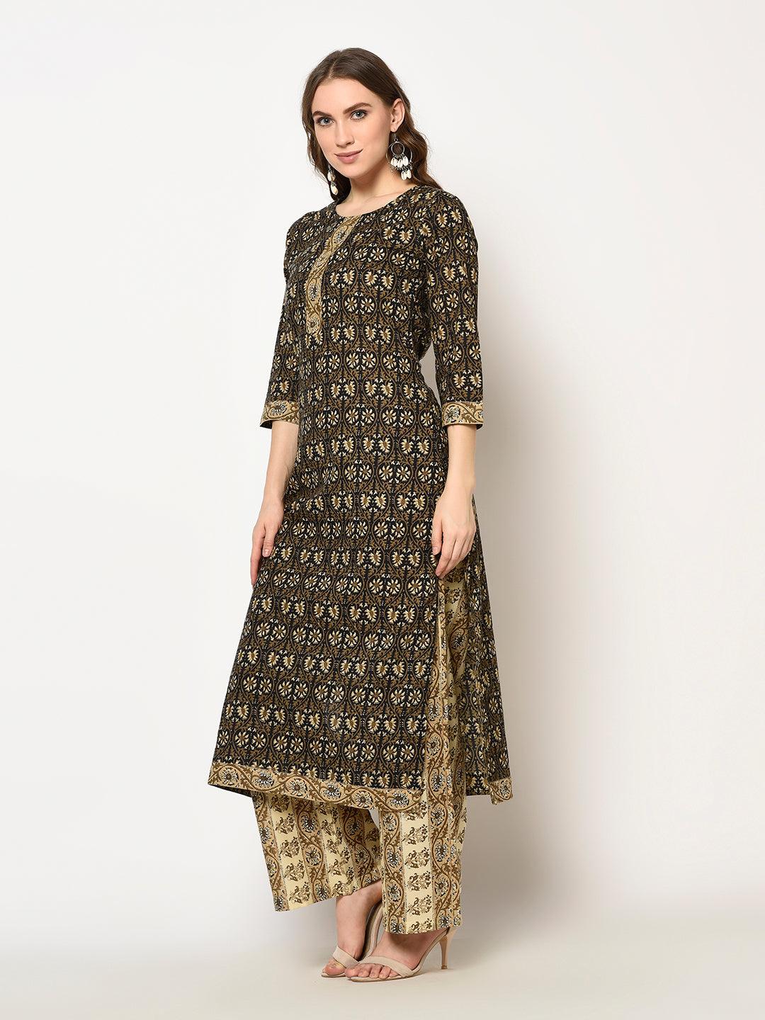 ZNX Women Brown Floral Printed Straight Kurta with Palazzo Set - Znxclothing