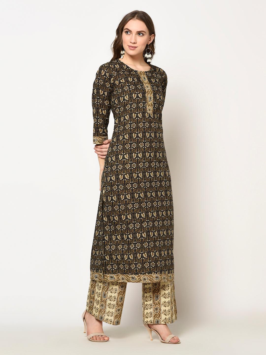 ZNX Women Brown Floral Printed Straight Kurta with Palazzo Set - Znxclothing