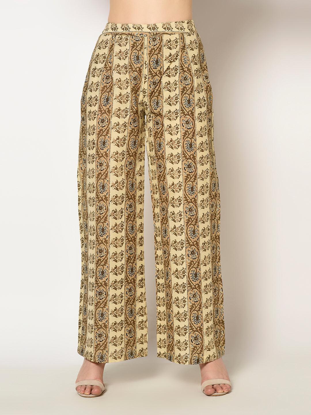 ZNX Women Brown Floral Printed Straight Kurta with Palazzo Set - Znxclothing