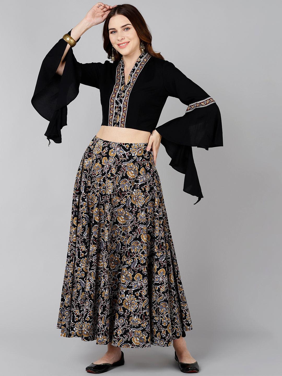 Designer Black Crop Top With Floral Printed Skirt - Znxclothing