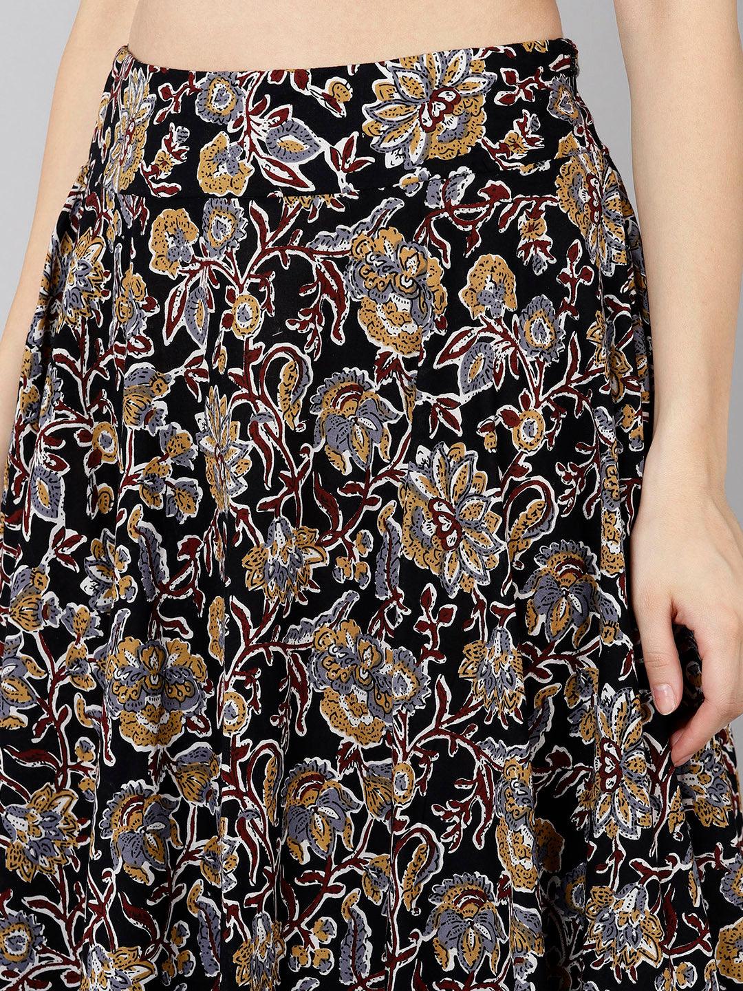 Designer Black Crop Top With Floral Printed Skirt - Znxclothing
