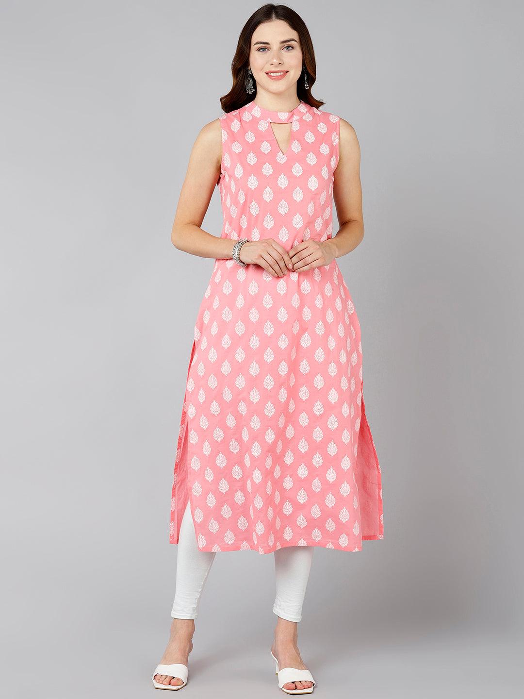 Women White Leaf Printed Pink Sleevless Kurta - Znxclothing