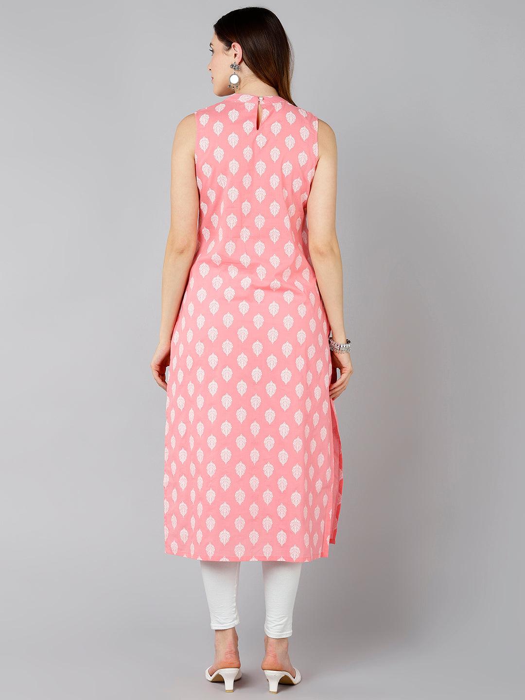 Women White Leaf Printed Pink Sleevless Kurta - Znxclothing