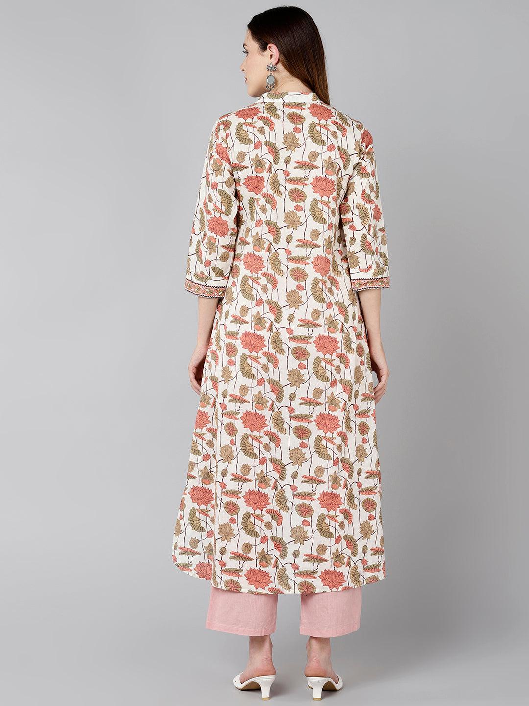 Women Cream Pink Floral Printed Kurta - Znxclothing