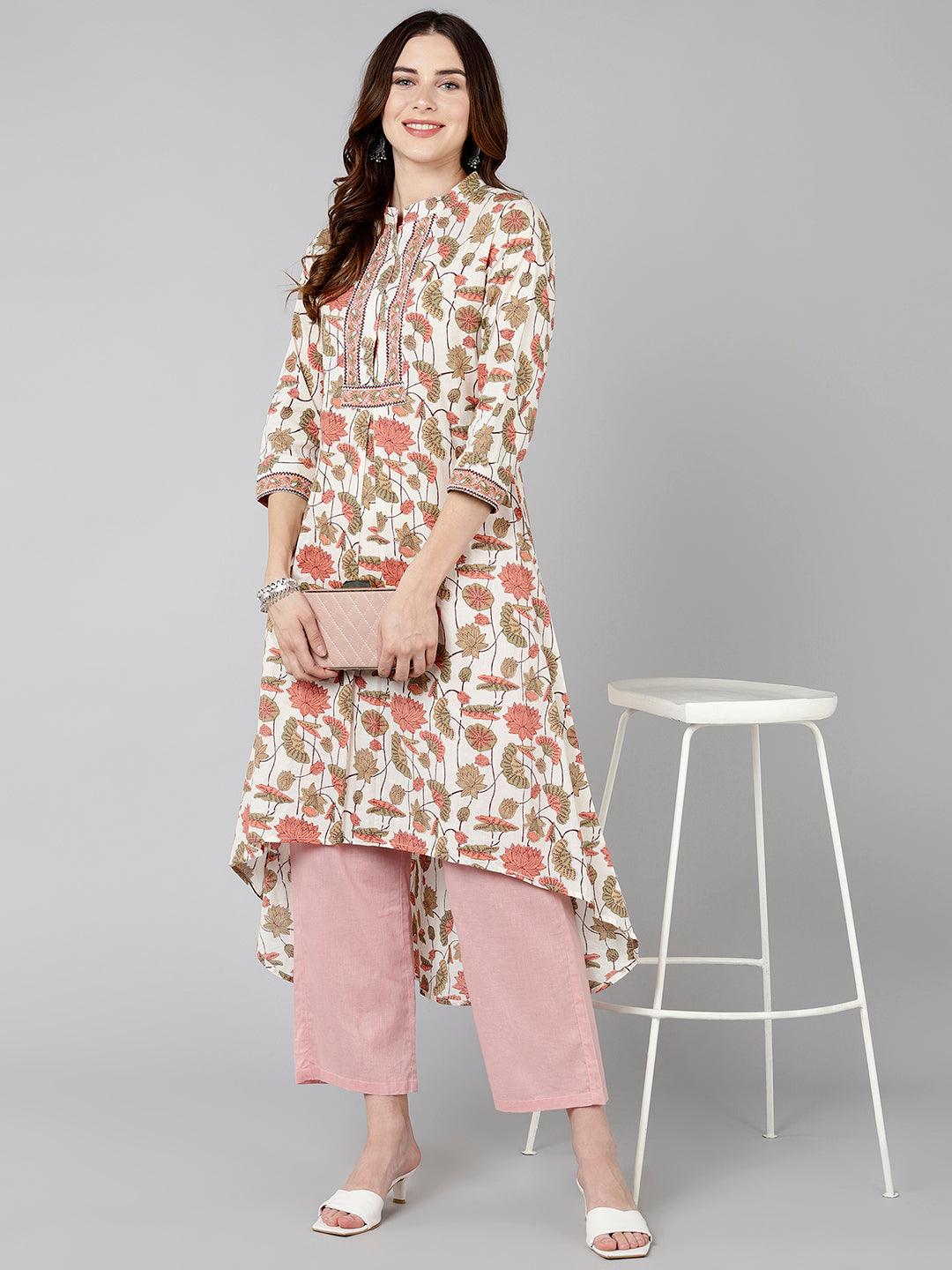 Women Cream Pink Floral Printed Kurta - Znxclothing