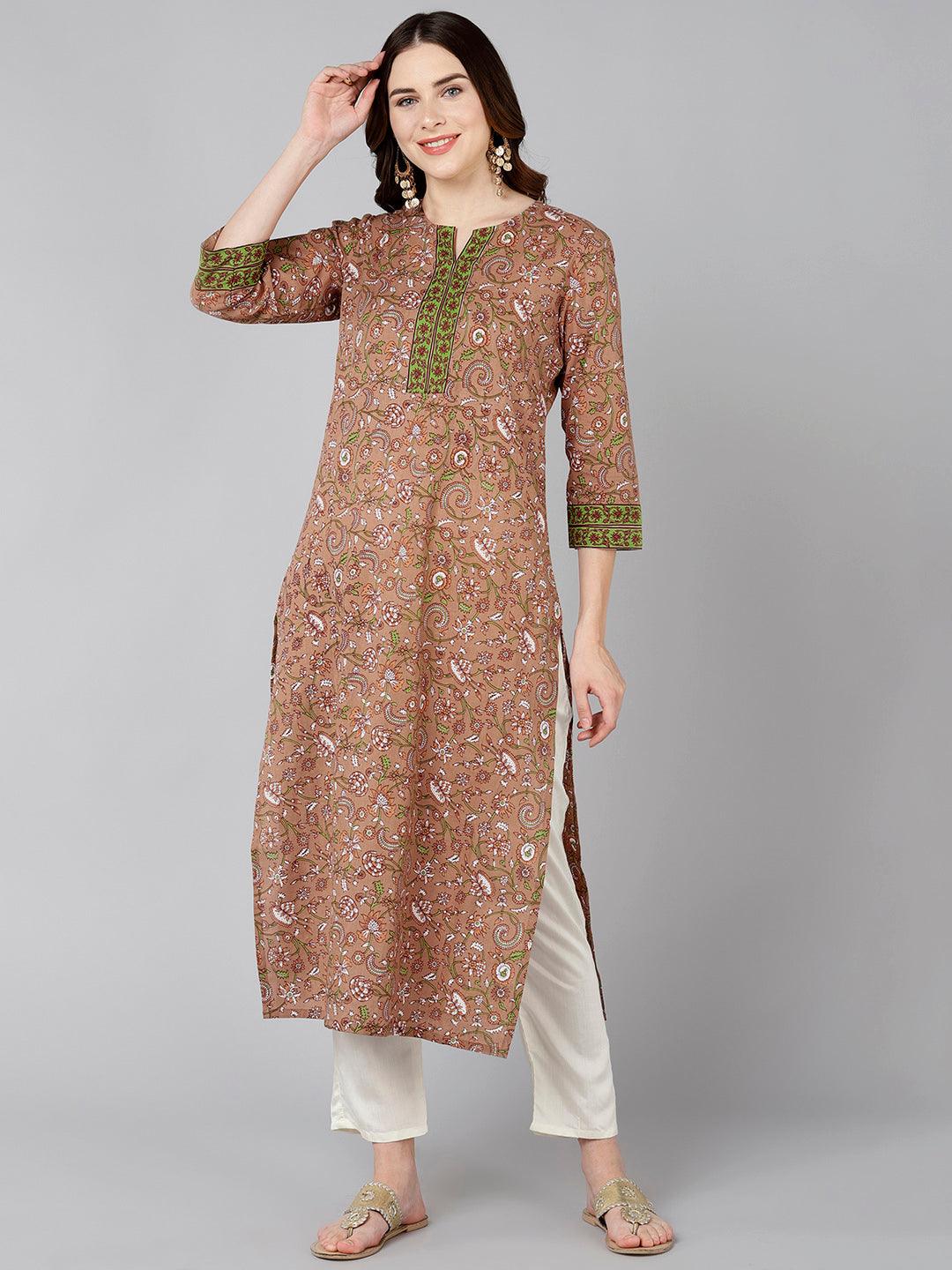 Women Brown White Floral Printed Kurta - Znxclothing