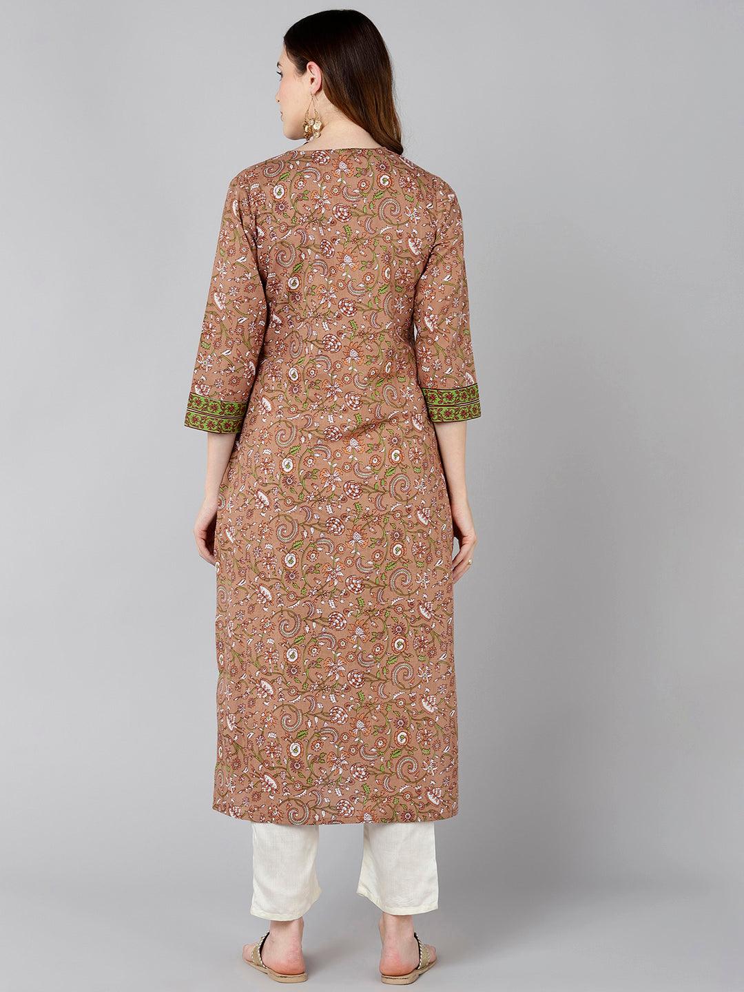 Women Brown White Floral Printed Kurta - Znxclothing