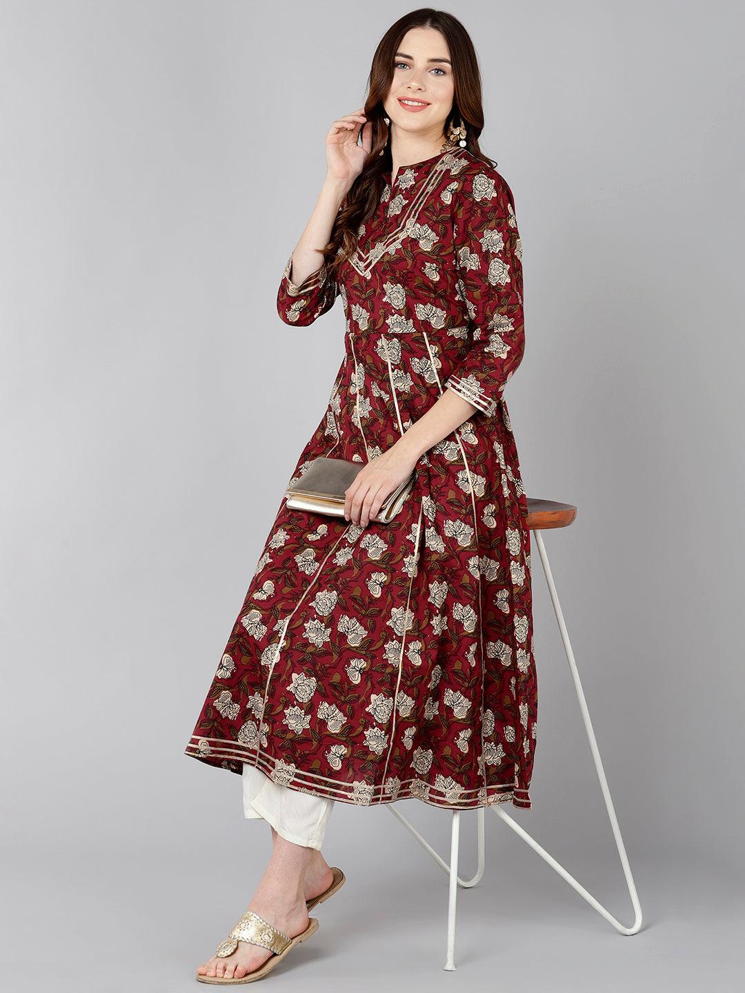 Women Floral Printer Maroon Kurta - Znxclothing