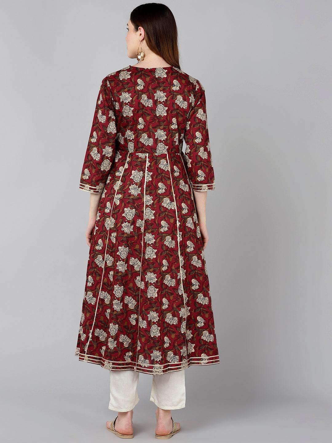 Women Floral Printer Maroon Kurta - Znxclothing
