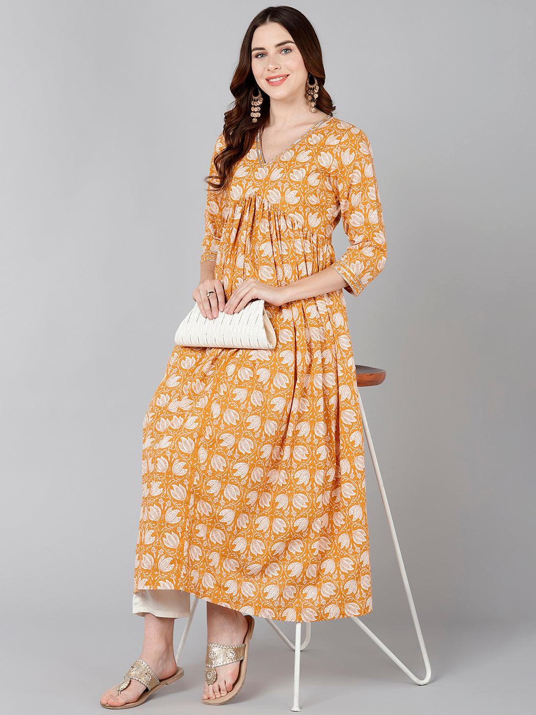 White Floral Printed Yellow Flared Kurta - Znxclothing