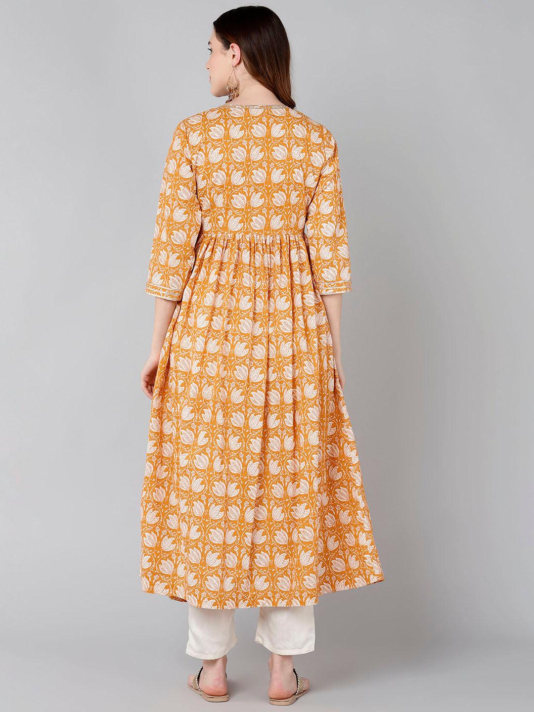 White Floral Printed Yellow Flared Kurta - Znxclothing