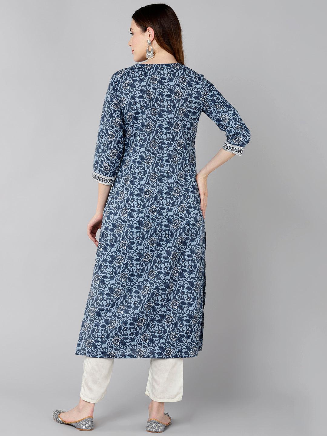 Blue Floral Printed Straight Kurta - Znxclothing