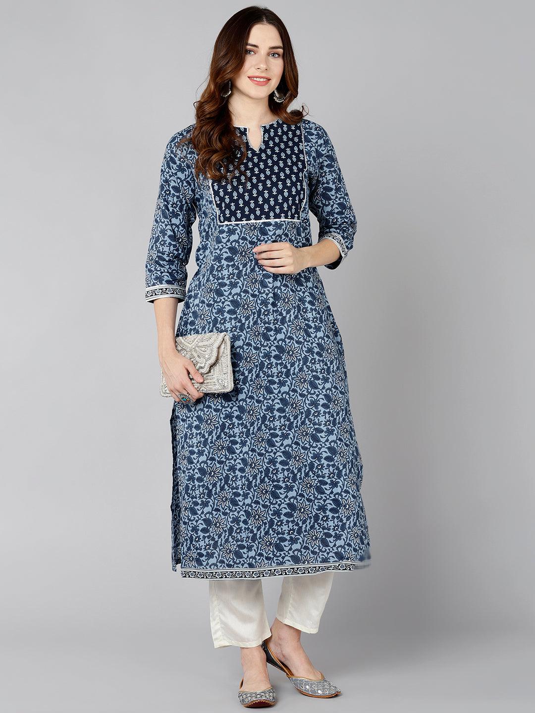 Blue Floral Printed Straight Kurta - Znxclothing