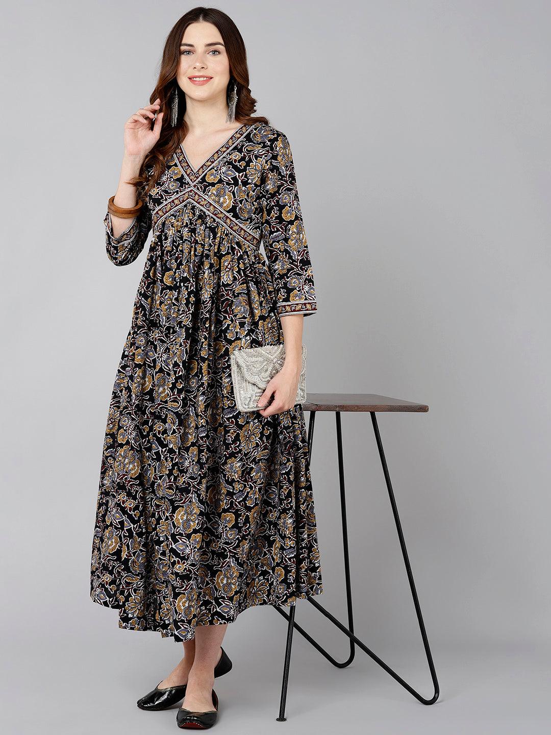 Brown Floral Printed Flared Dress - Znxclothing