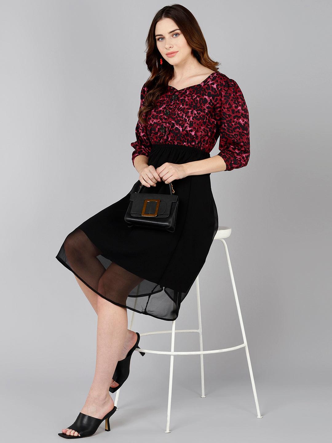 Burgundy Animal Printed Dress - Znxclothing