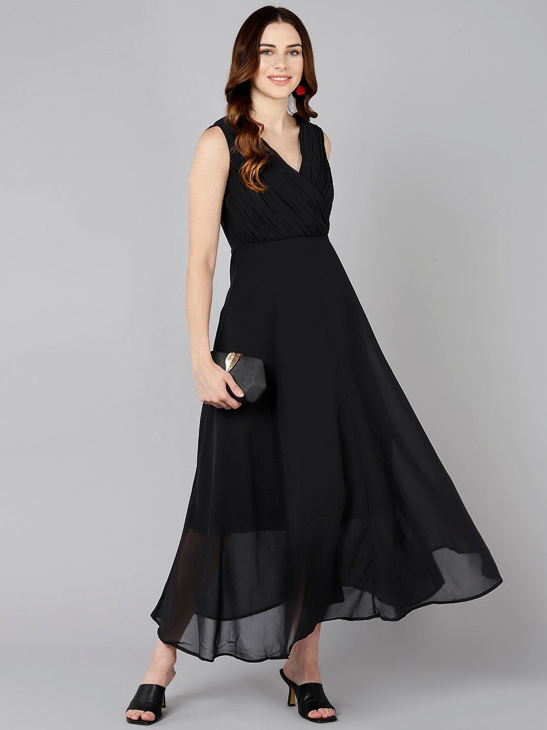 Solid Black Flared Dress - Znxclothing