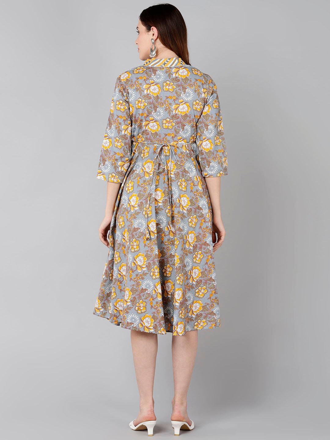 Yellow Floral Printed Flared Dress - Znxclothing