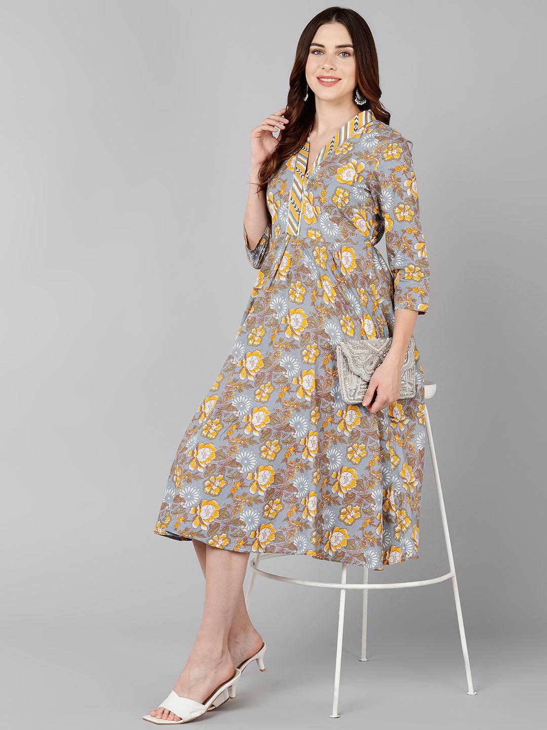Yellow Floral Printed Flared Dress - Znxclothing