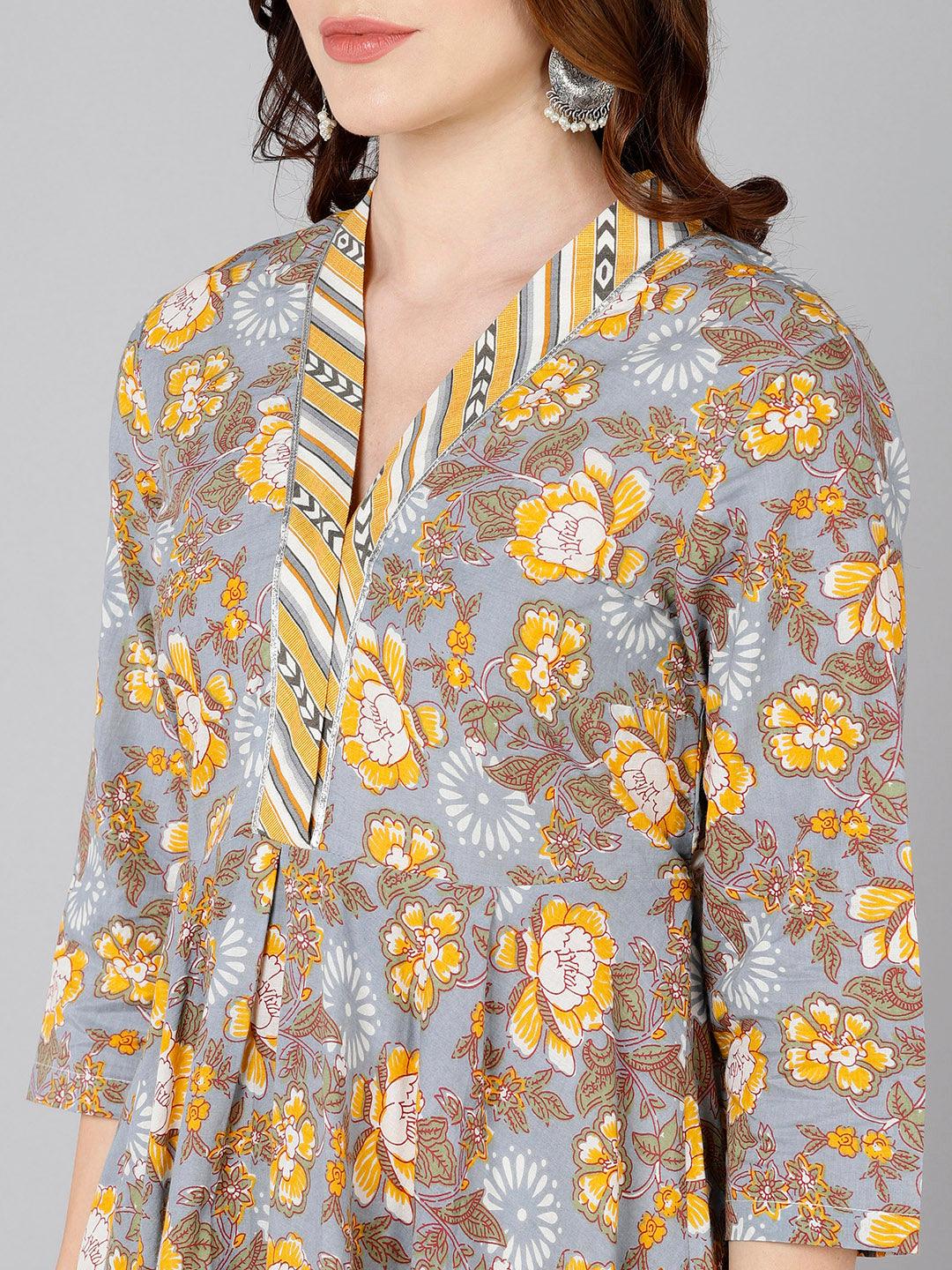 Yellow Floral Printed Flared Dress - Znxclothing