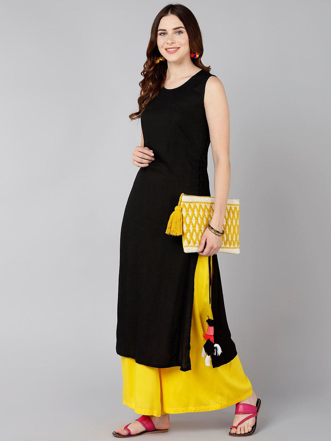 Black Solid Sleeveless Straight Kurta With Side Tassel Details - Znxclothing