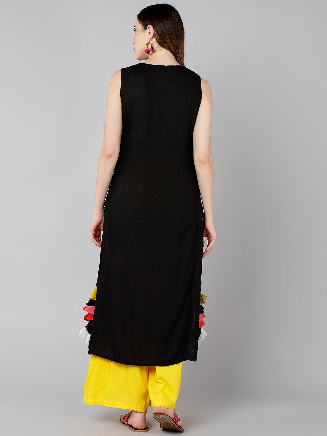 Black Solid Sleeveless Straight Kurta With Side Tassel Details - Znxclothing
