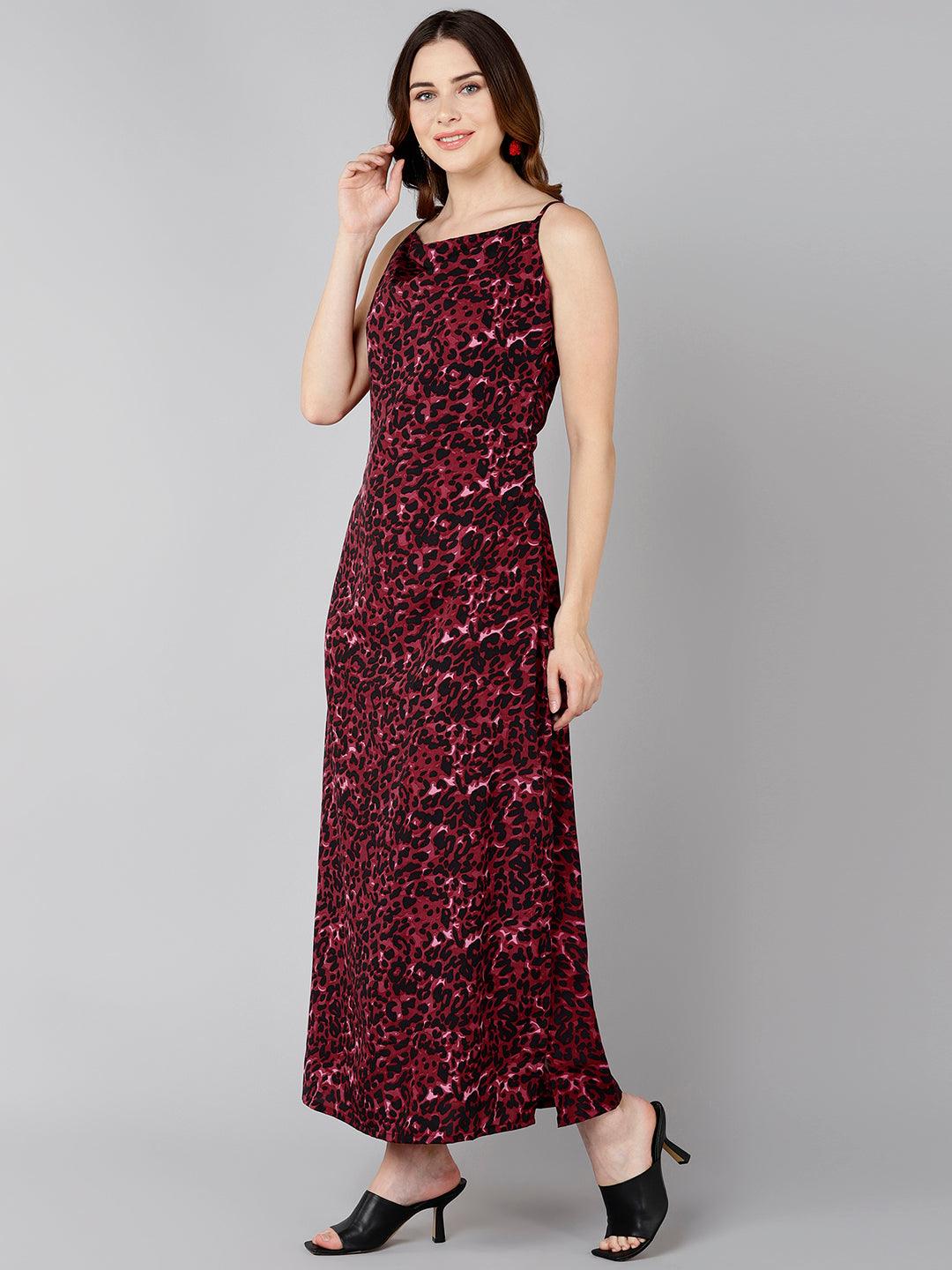 Burgundy Animal Printed Thigh-High Slit Maxi Dress - Znxclothing