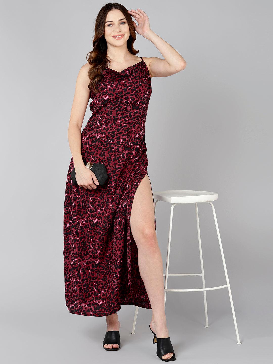 Burgundy Animal Printed Thigh-High Slit Maxi Dress - Znxclothing