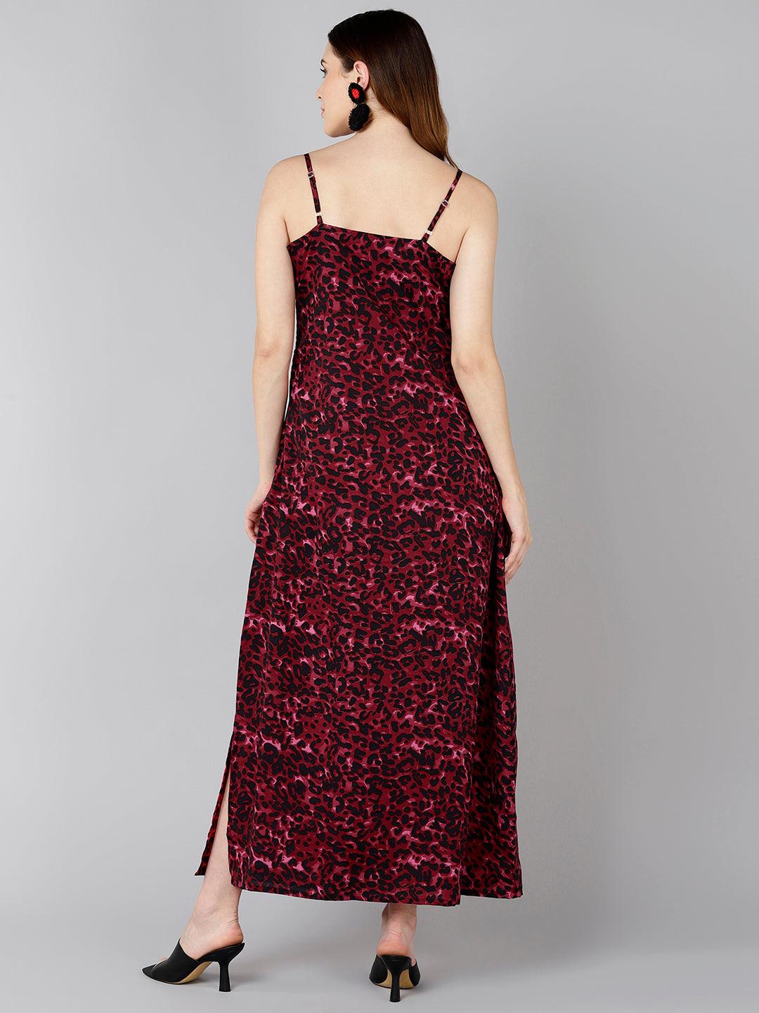 Burgundy Animal Printed Thigh-High Slit Maxi Dress - Znxclothing