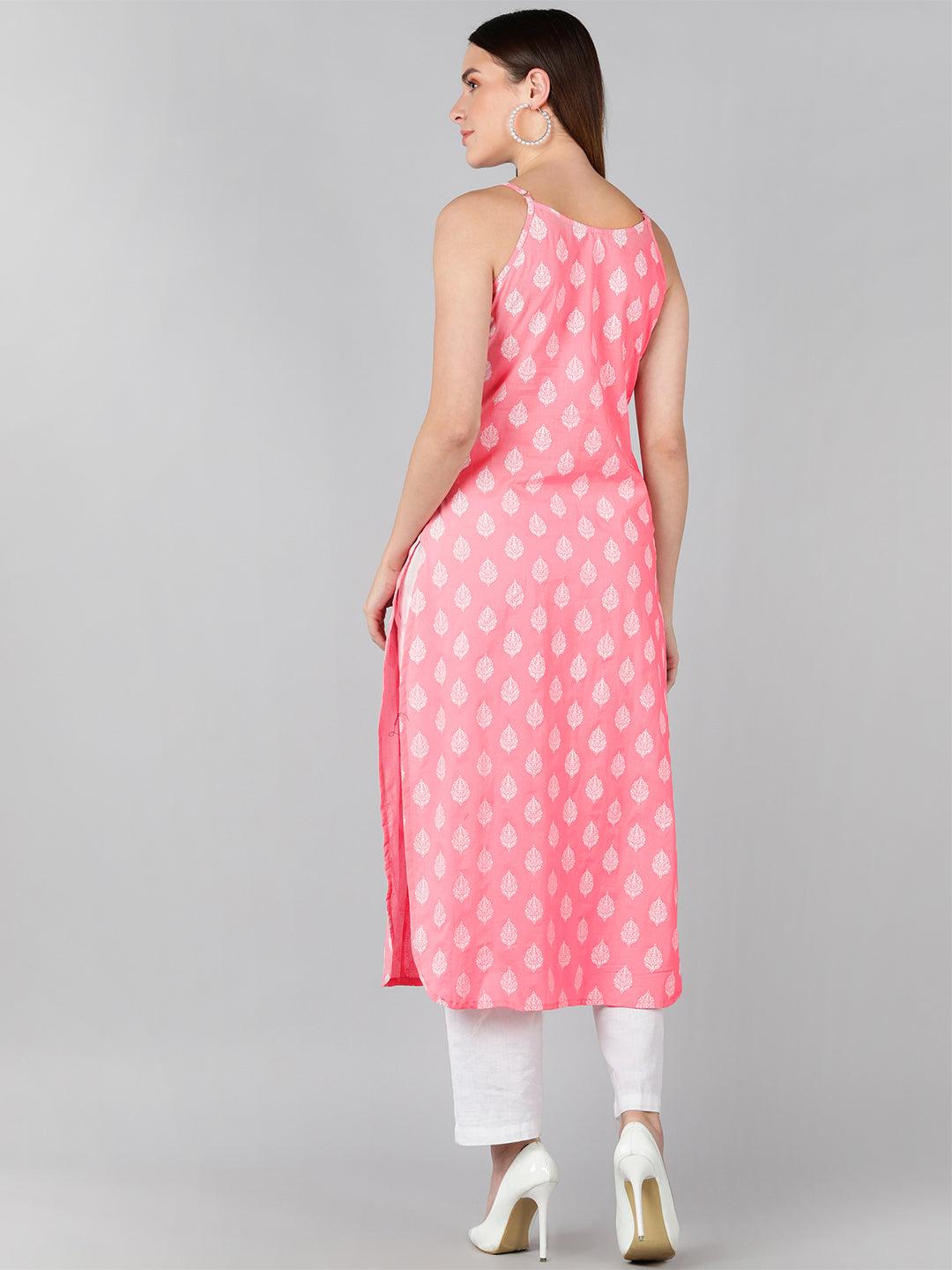 Floral Printed Baby Pink Sleeveless Straight Kurta - Znxclothing