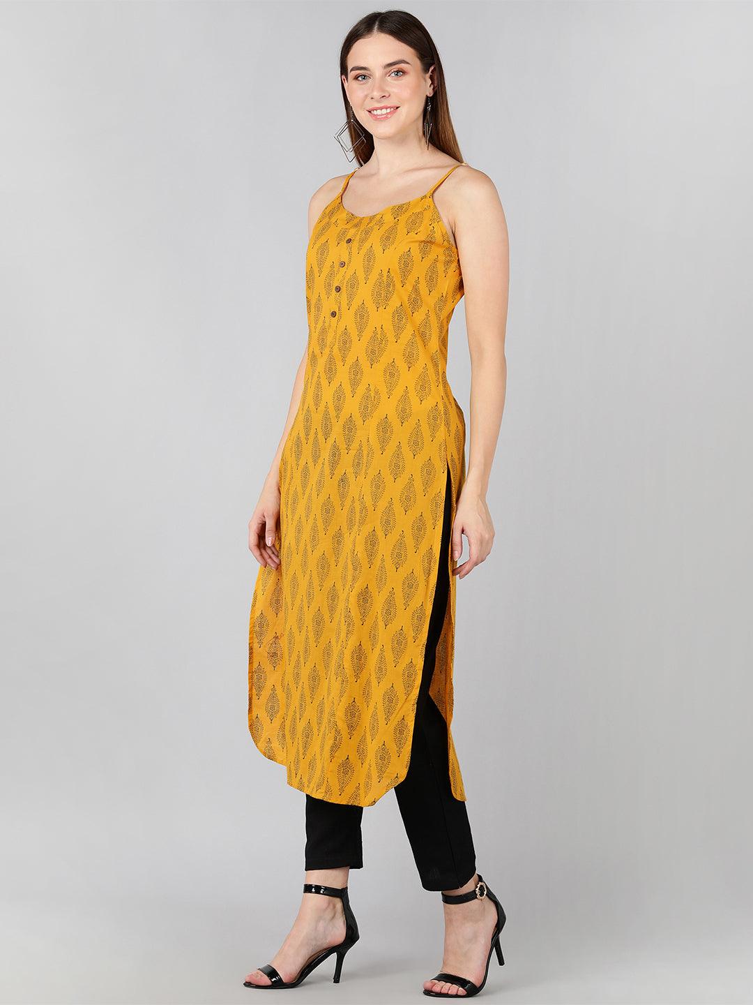 Floral Printed Yellow Sleeveless Straight Kurta - Znxclothing
