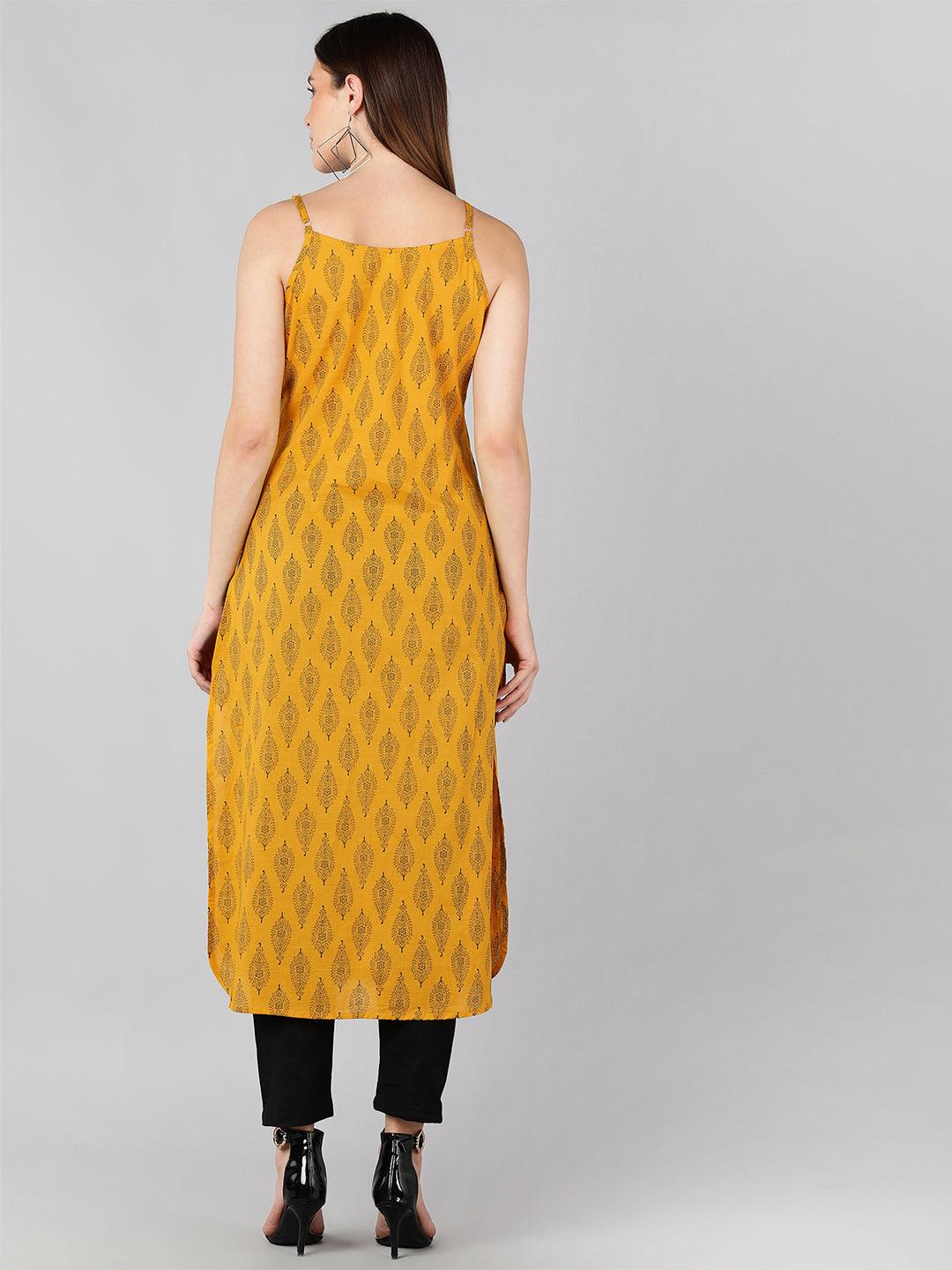 Floral Printed Yellow Sleeveless Straight Kurta - Znxclothing