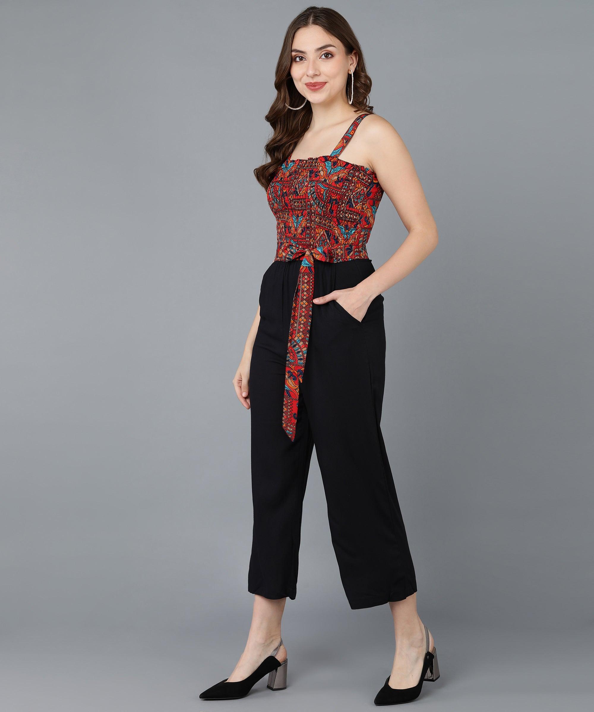 Rust Red Smoking & Solid Black Jumpsuit - Znxclothing