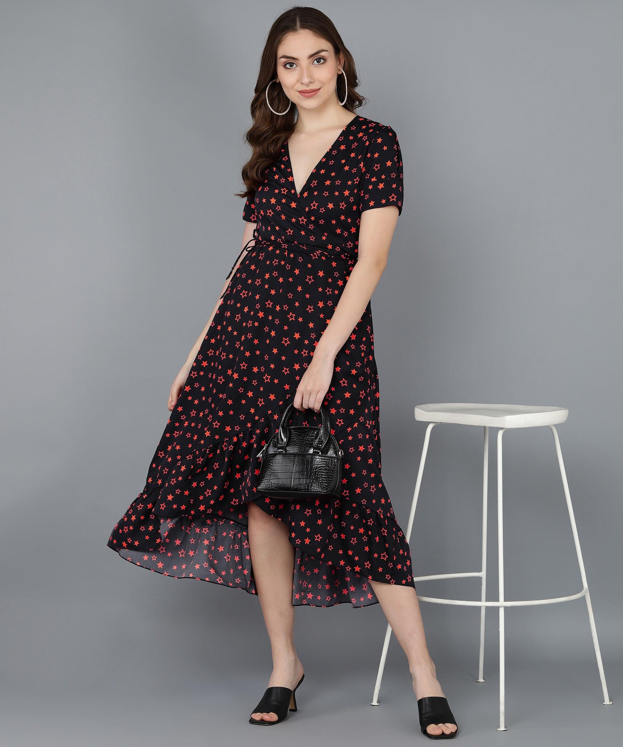 Red Stars Frilled Black Dress - Znxclothing