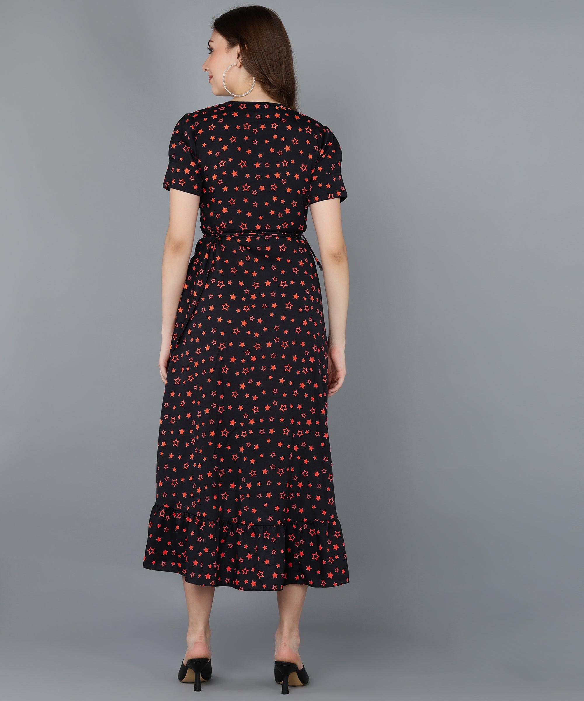 Red Stars Frilled Black Dress - Znxclothing