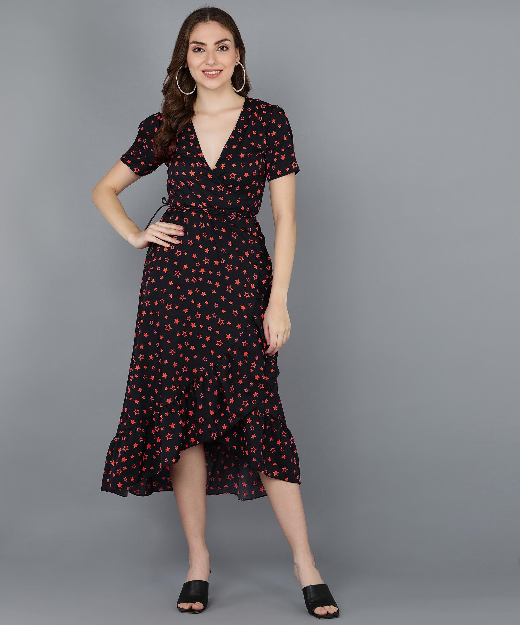 Red Stars Frilled Black Dress - Znxclothing